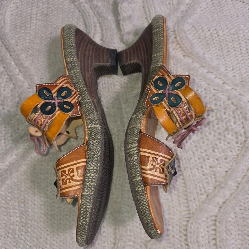 Spring‎ Step Wedge Slide Sandals Brown Leather Flowers Floral Boho Womens 40 9